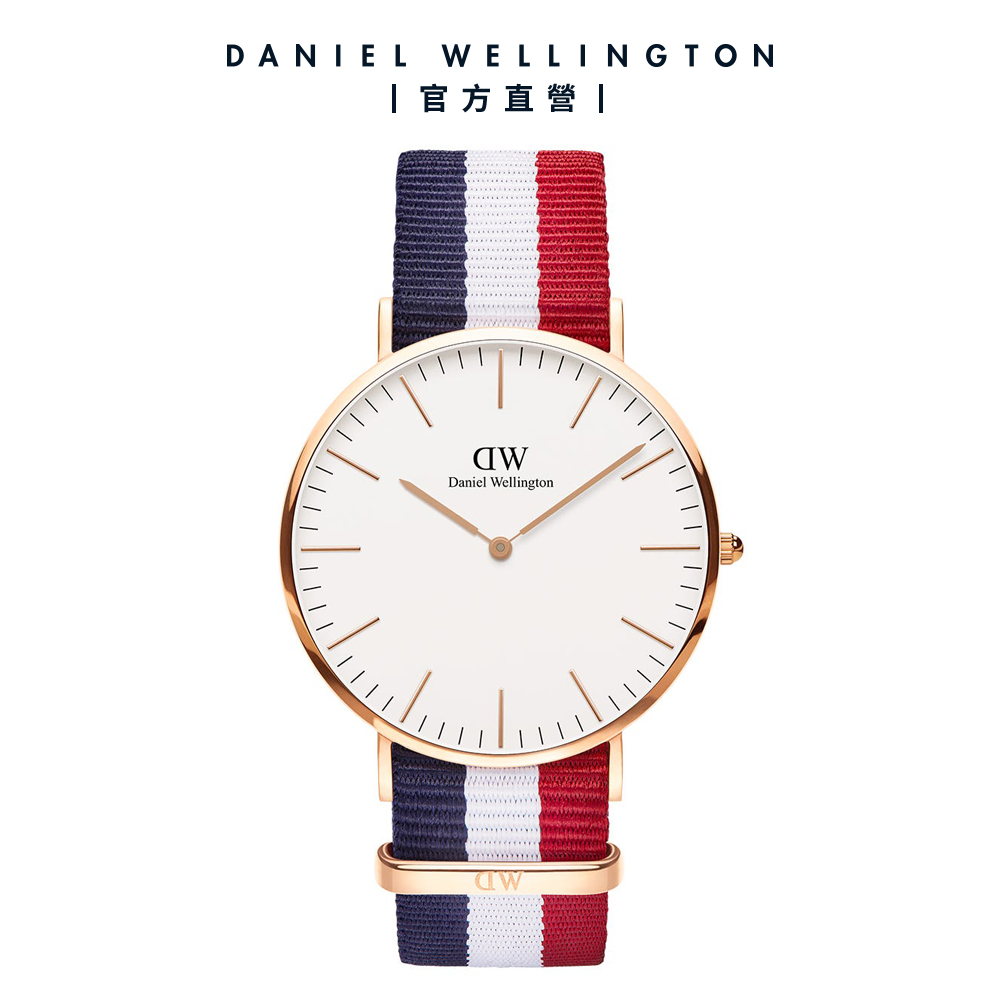 Daniel Wellington 手錶 Classic Cambridge 40mm經典藍白紅織紋錶-白錶盤-玫瑰金框(DW00100003)