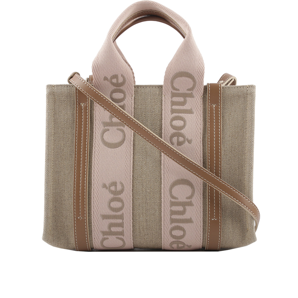 【Chloe' 蔻依】Woody 帆布拼牛皮手提 斜背二用托特包(小)(腮紅粉 米色) 平行輸入 | 誠品線上