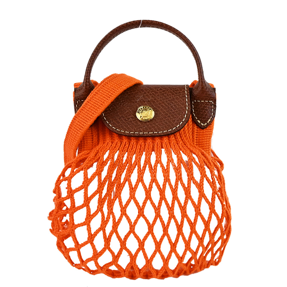 LONGCHAMP LE PLIAGE FILET系列網狀棉質手提/斜背兩用包(迷你/多色選)/平行輸入/ 柳橙