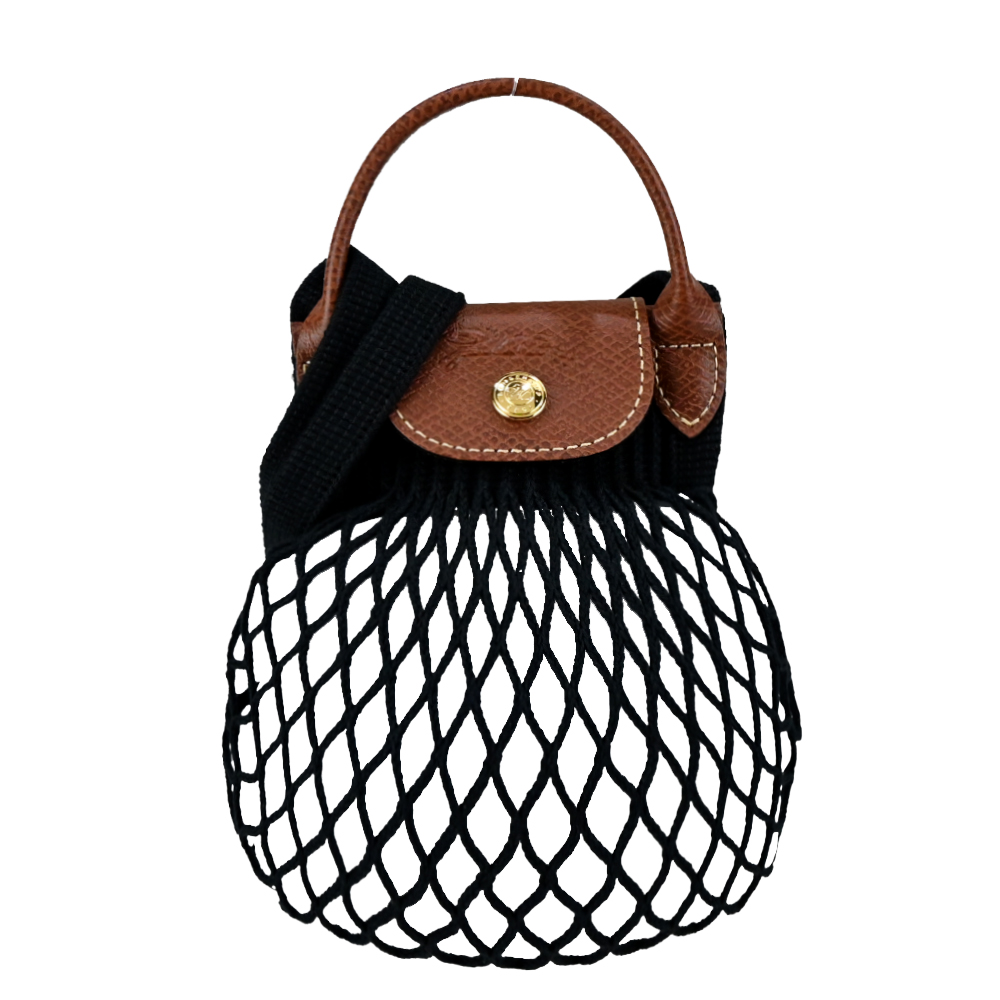 LONGCHAMP LE PLIAGE FILET系列網狀棉質手提/斜背兩用包(迷你/多色選)/平行輸入/ 黑