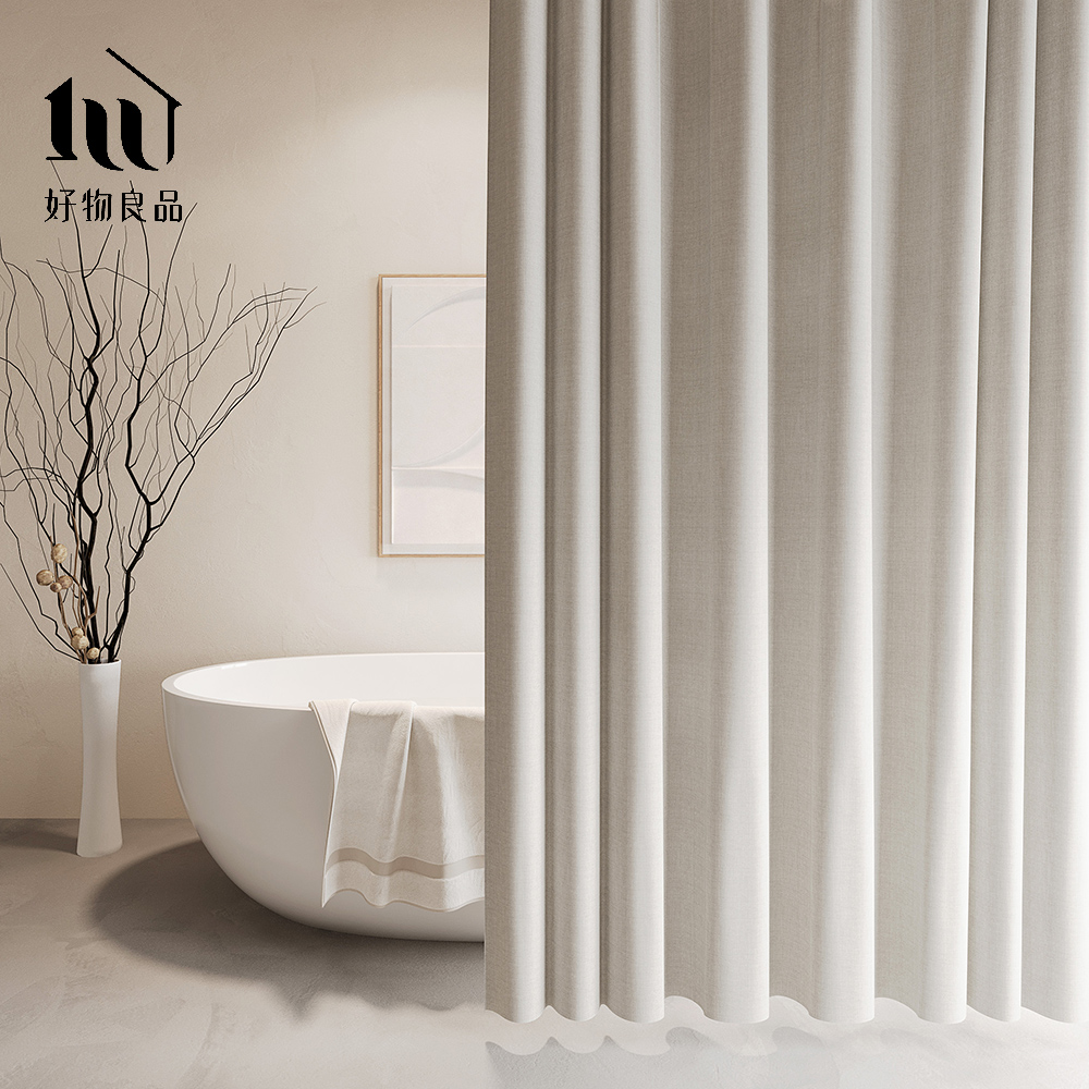 【好物良品】180x180cm_仿亞麻莫蘭迪色系防潑水防霉防潮加厚浴簾附掛環/ 暖白色