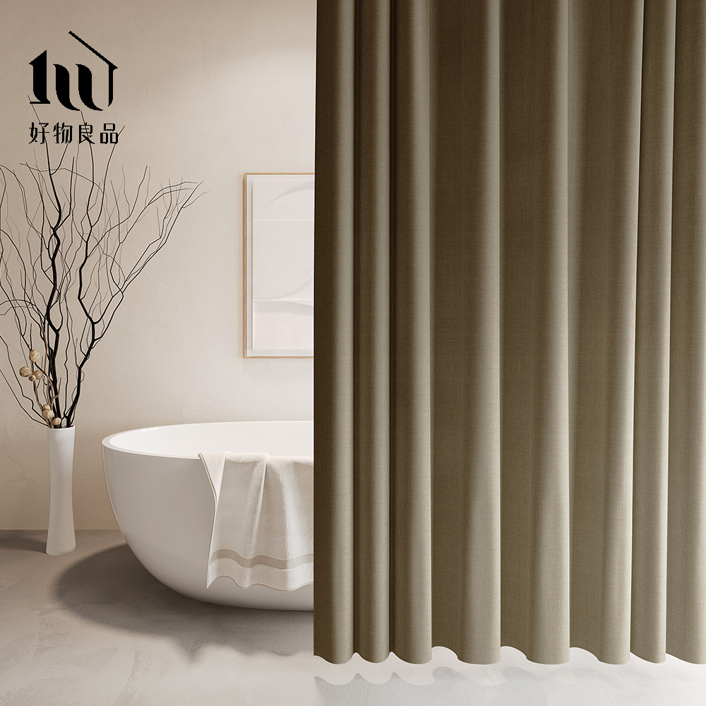 【好物良品】180x180cm_仿亞麻莫蘭迪色系防潑水防霉防潮加厚浴簾附掛環/ 淺咖啡