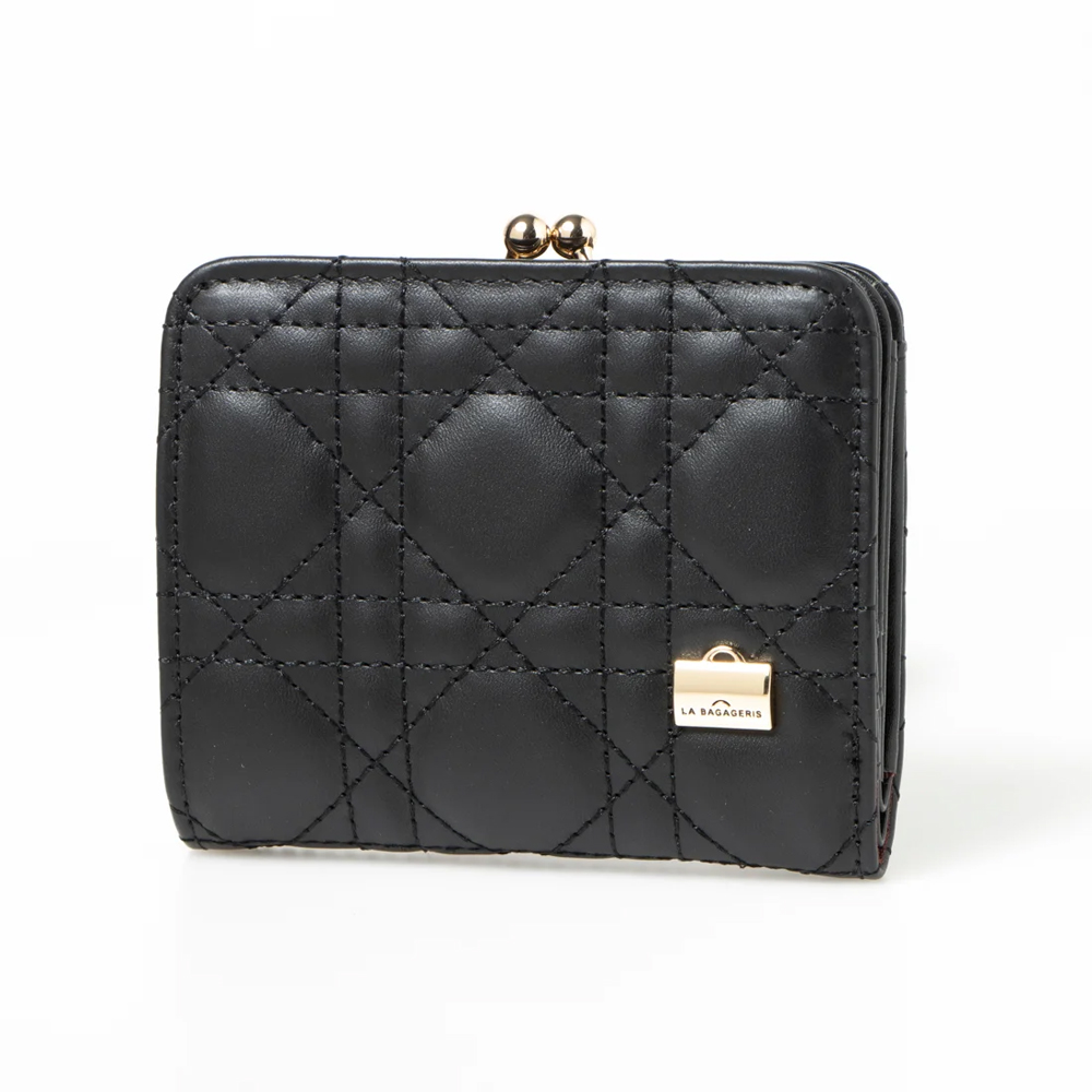 LA BAGAGERIE 菱格縫線珠釦短夾(多色選)/ 黑