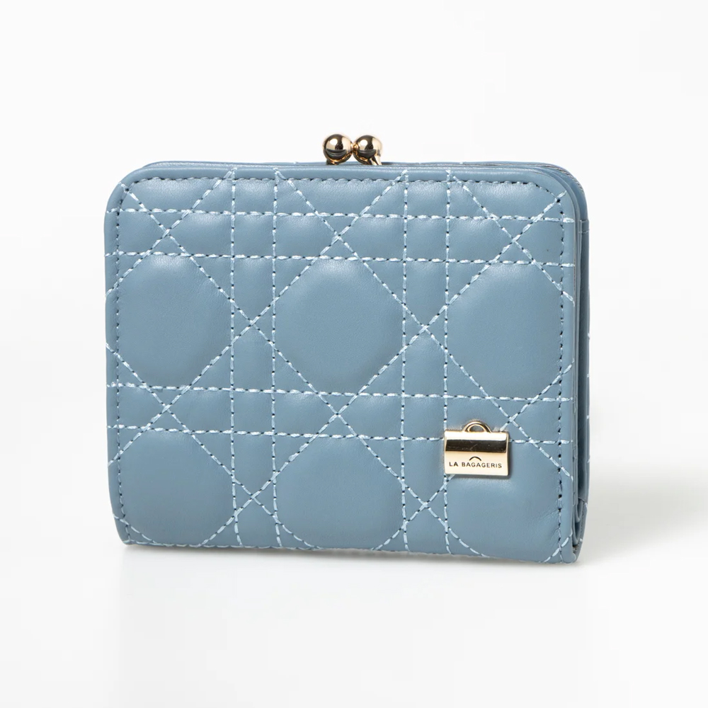 LA BAGAGERIE 菱格縫線珠釦短夾(多色選)/ 藍綠