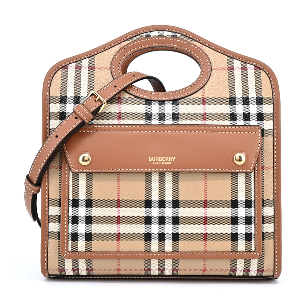 BURBERRY Horseferry 經典格紋帆布Pocket迷你手提/斜背包(石楠木棕色) /平行輸入