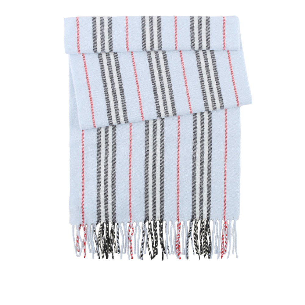 【BURBERRY 巴寶莉】Icon Stripe 經典條紋喀什米爾及羊毛圍巾(淡藍色)/ 平行輸入