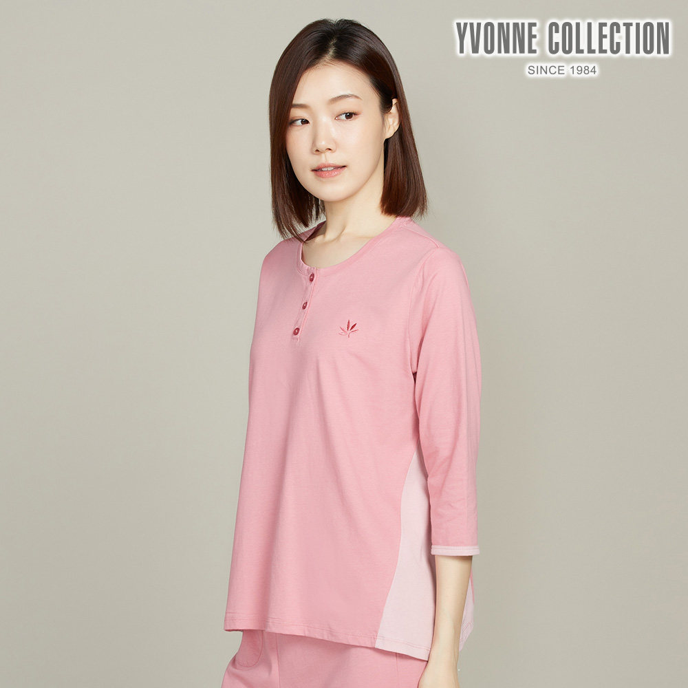 YVONNE COLLECTION CBD舒眠半開襟七分袖上衣-莓粉
