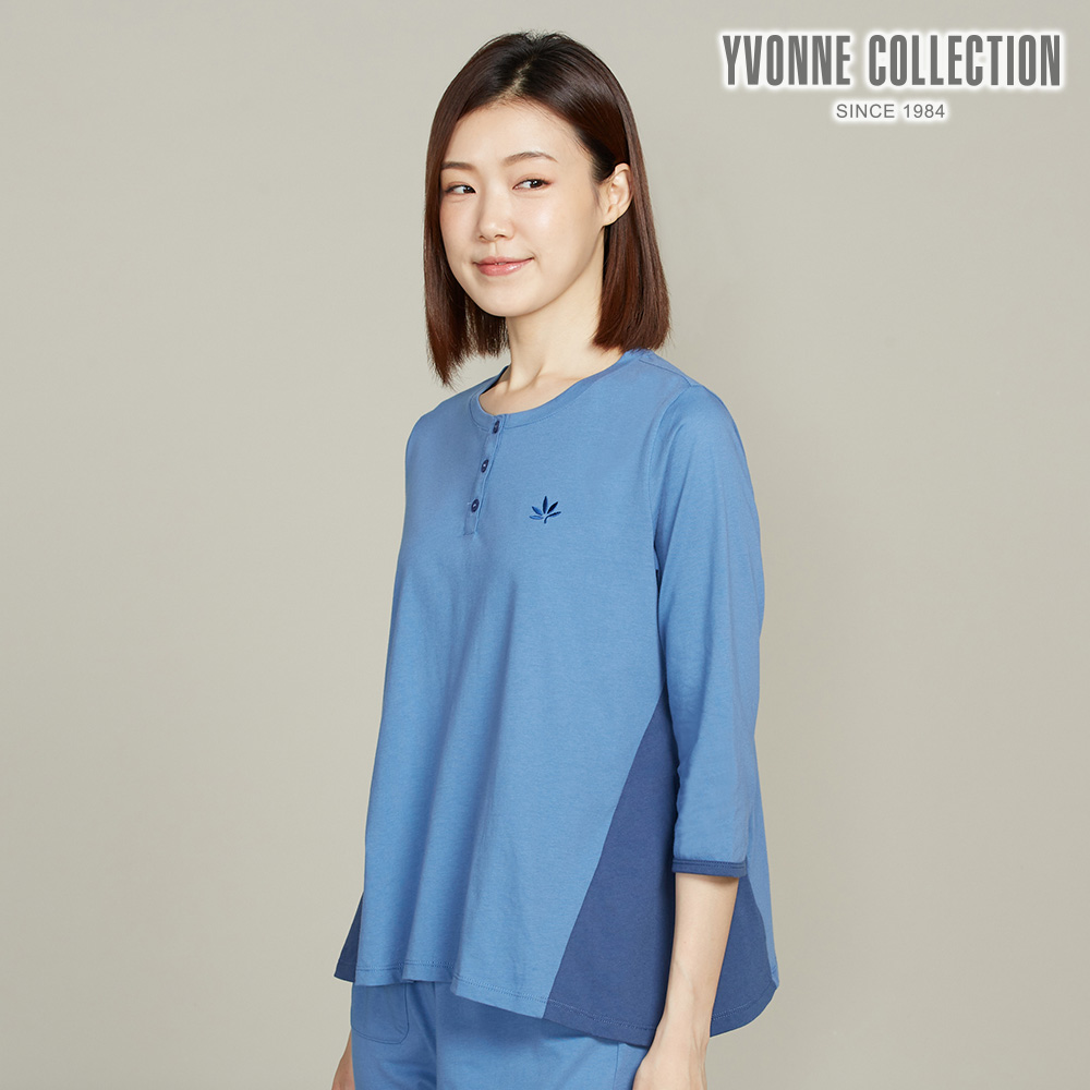 YVONNE COLLECTION CBD舒眠半開襟七分袖上衣-藍