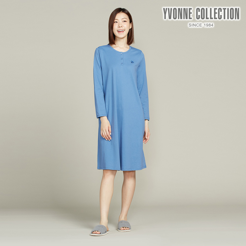 YVONNE COLLECTION CBD舒眠半開襟長袖洋裝-藍