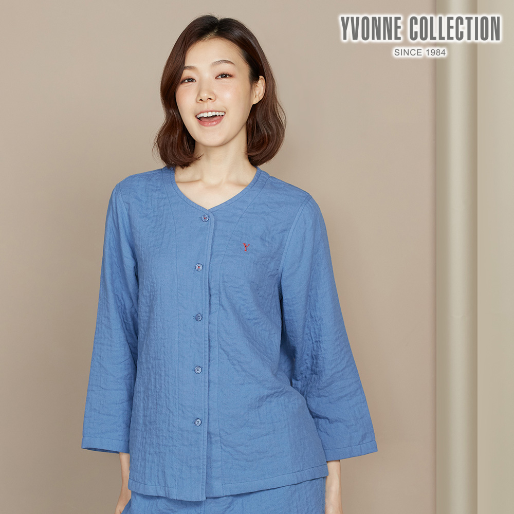 YVONNE COLLECTION 雙層紗開襟長袖上衣-藍