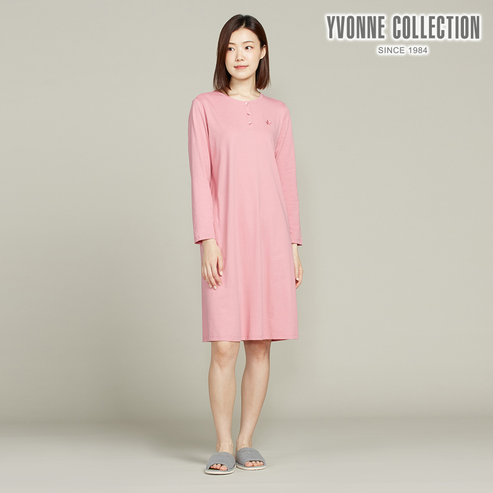 YVONNE COLLECTION CBD舒眠半開襟長袖洋裝-莓粉