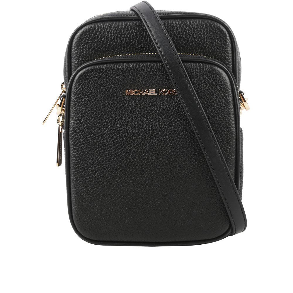 【Michael Kors】金字荔枝皮革拉鍊中款直式斜背包(黑色)/平行輸入