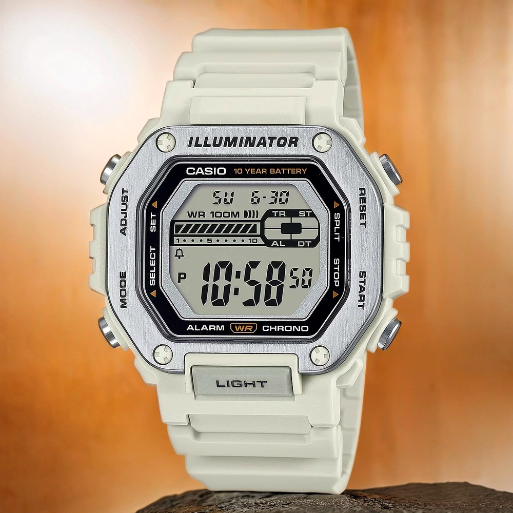 CASIO 卡西歐 10年電力金屬風計時手錶-米白 MWD-110H-8AV