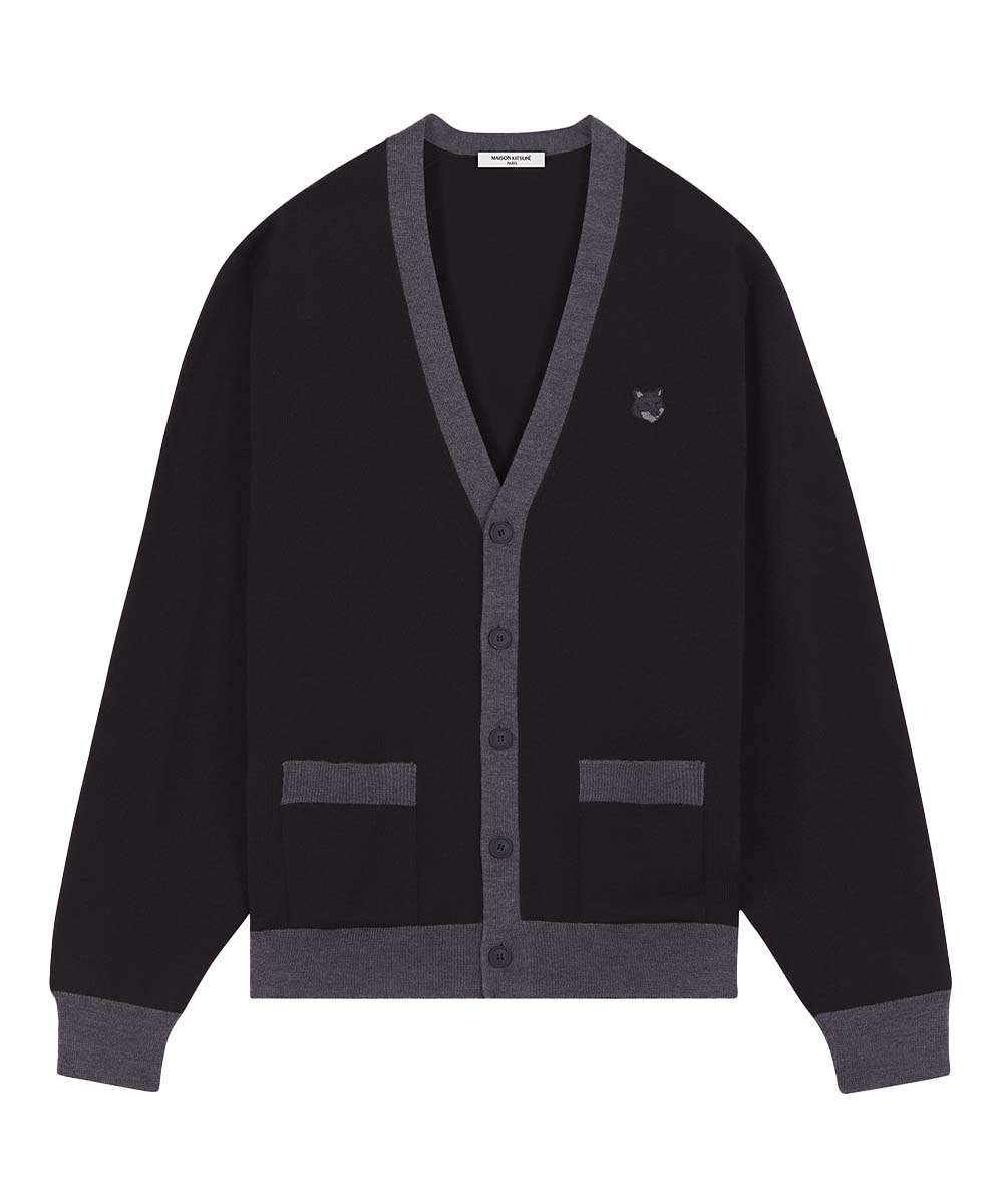 MAISON KITSUNÉ 寧靜黑灰滾邊變化狐狸頭LOGO開襟針織衫_男/中性/ L