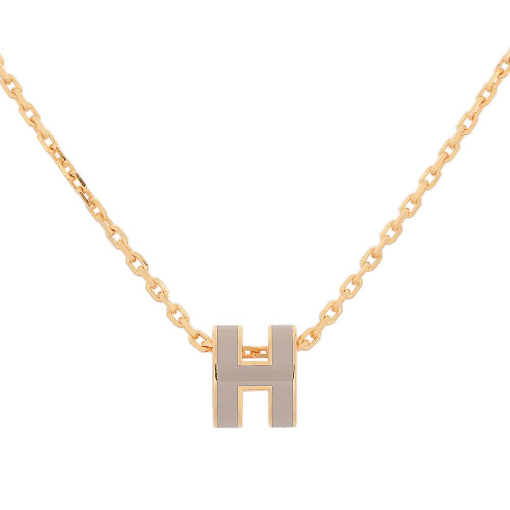 【HERMES 愛馬仕】Mini Pop H pendant 立體橢圓簍空項鍊(奶茶色/金色)/ 平行輸入