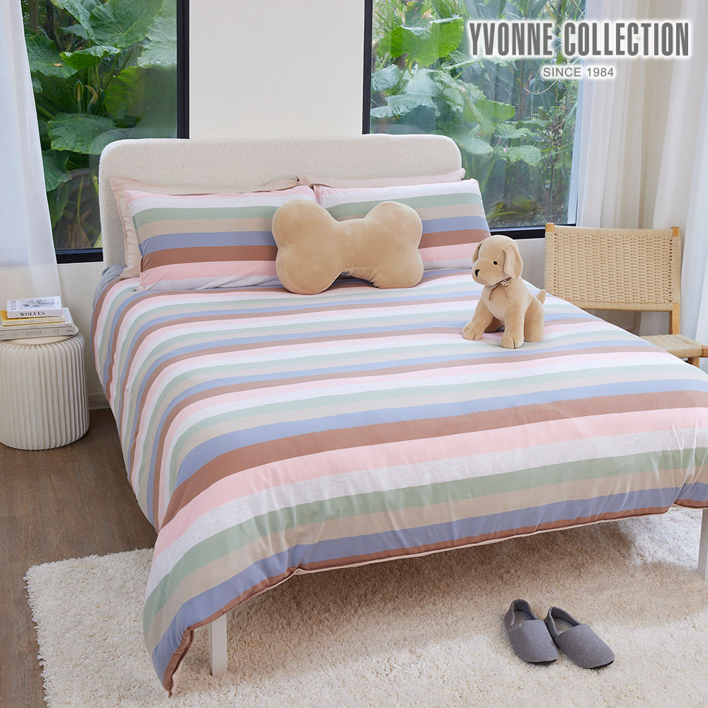YVONNE COLLECTION光影條紋 雙人被套+枕套組-泡泡粉