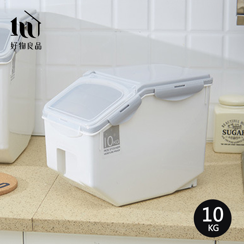 【好物良品】10KG_日式廚房透明掀蓋式密封防潮防霉儲米箱米缸(附量杯)/ 10KG/ 灰色