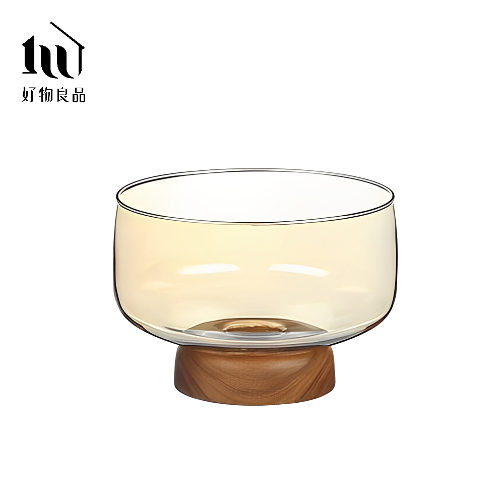 【好物良品】不含木蓋_玻璃木座水果零食收納高腳碗/ 不含木蓋/ 琥珀色