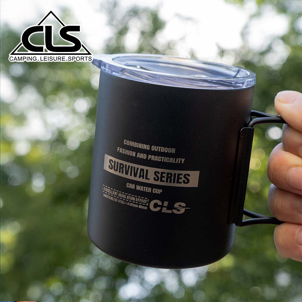 【韓國CLS】摺疊304不鏽鋼雙層杯 贈杯蓋 320ML/登山杯/露營杯/軍風/露營/野餐(三色)/ 黑色