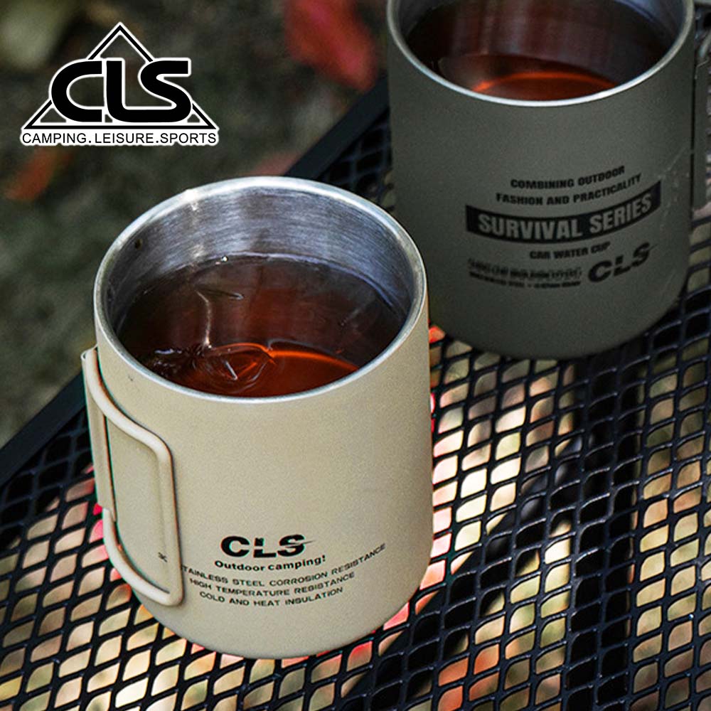 【韓國CLS】摺疊304不鏽鋼雙層杯 贈杯蓋 320ML/登山杯/露營杯/軍風/露營/野餐(三色)/ 卡其