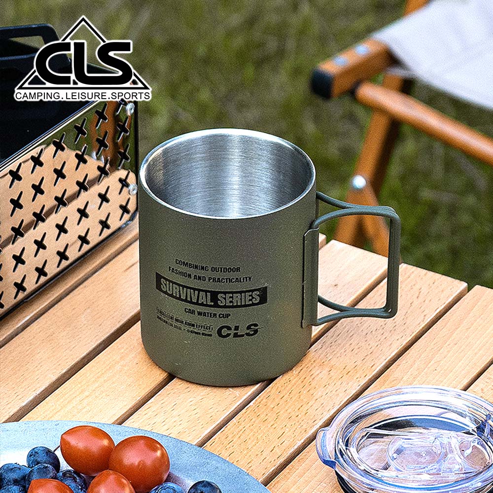 【韓國CLS】摺疊304不鏽鋼雙層杯 贈杯蓋 320ML/登山杯/露營杯/軍風/露營/野餐(三色)/ 軍綠