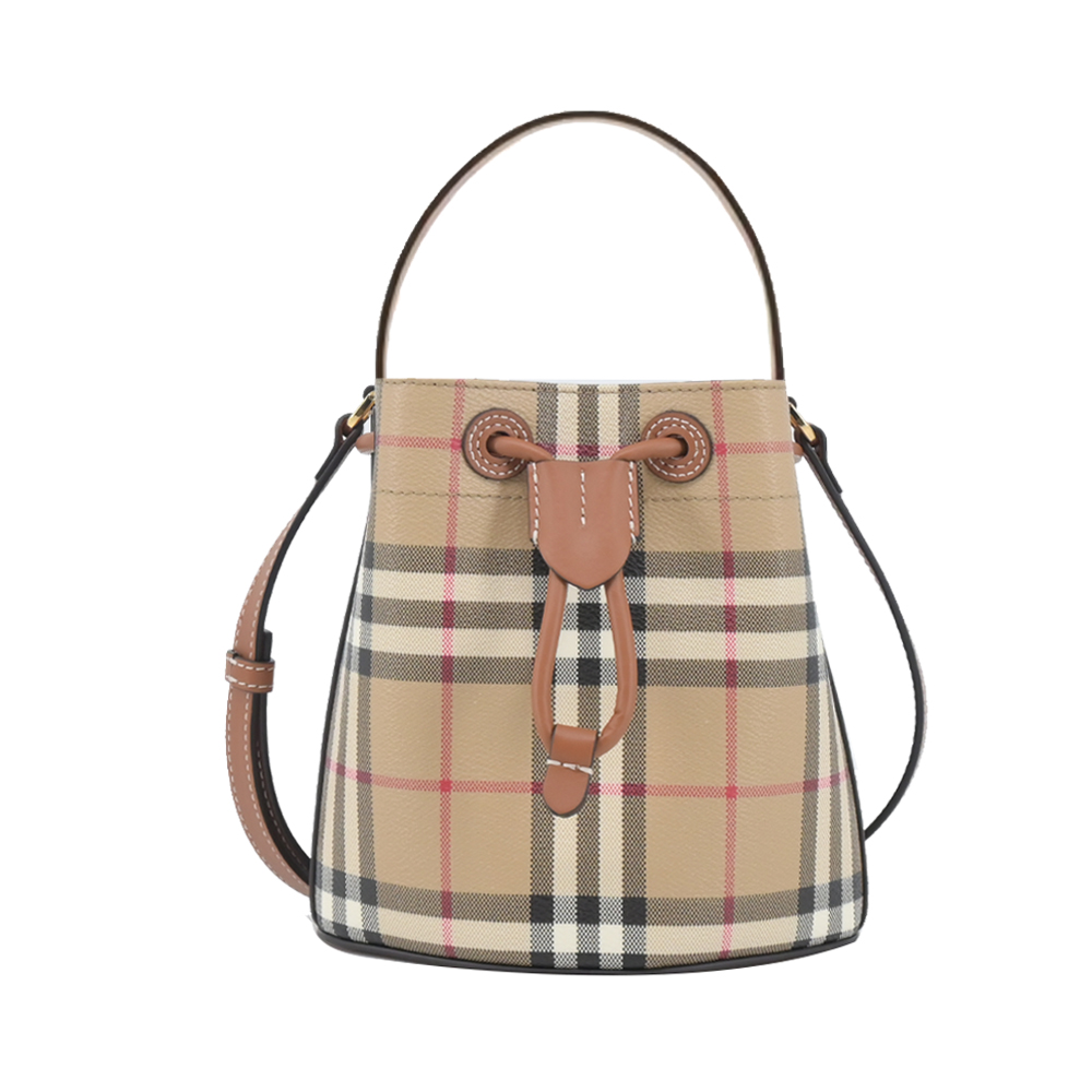 BURBERRY 經典格紋帆布束口水桶包(石楠木棕色) /平行輸入