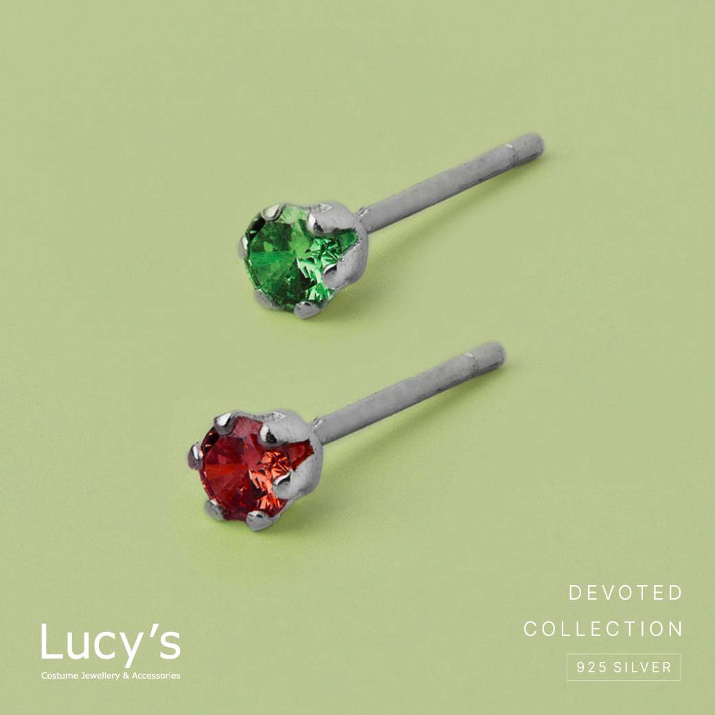 Lucy's 純銀字母系列 | 925純銀 綠/紅鑽 單支耳環 (100620/100621)/ 紅
