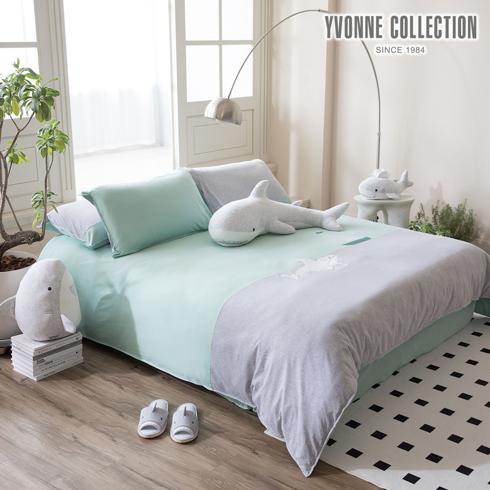 YVONNE COLLECTION鯊魚遠航 雙人被套+枕套組-薄荷綠