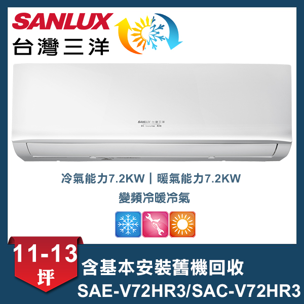 【SANLUX 台灣三洋】 HR3系列11-13坪變頻冷暖分離式冷氣 (SAE-V72HR3/SAC-V72HR3)