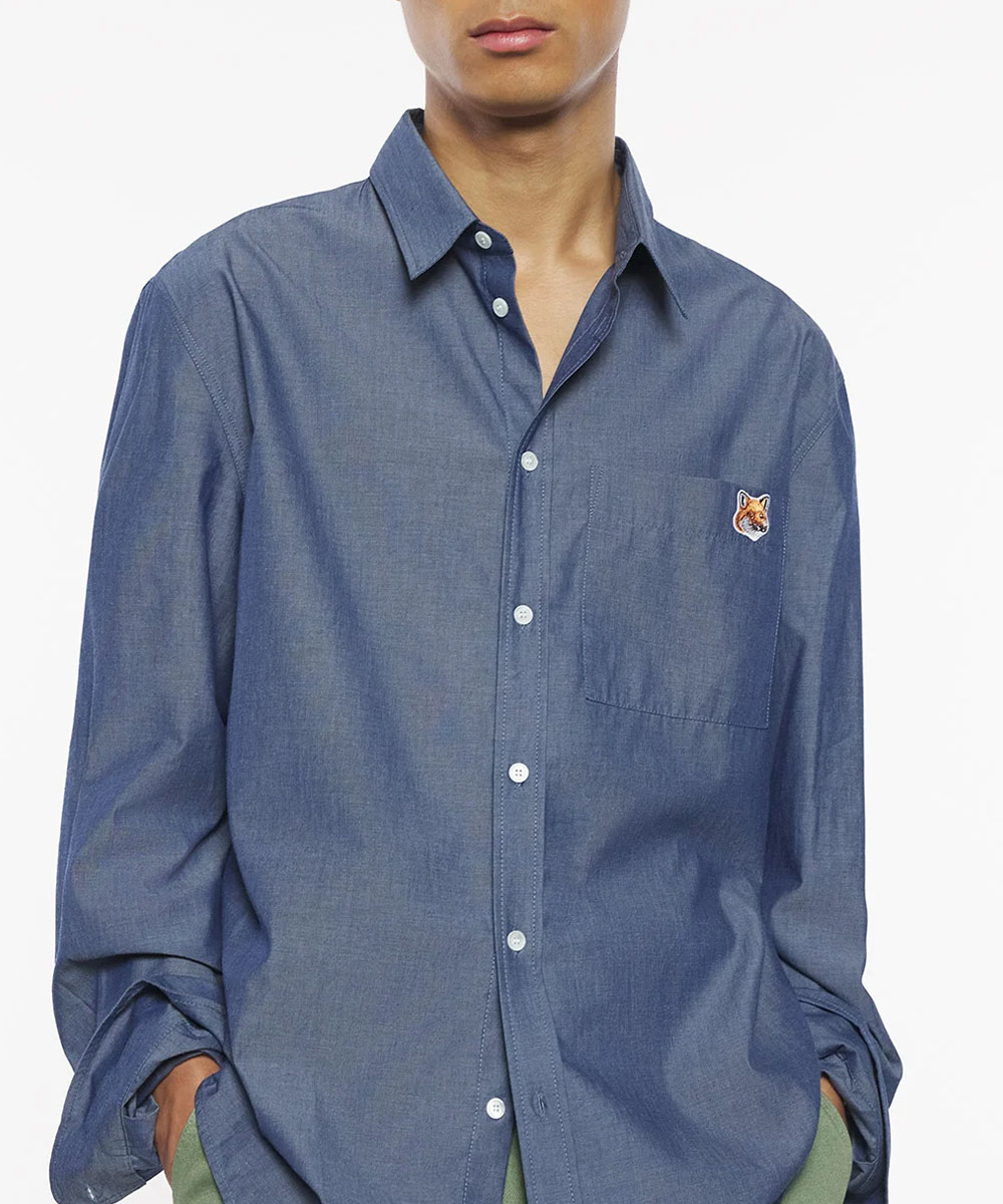 MAISON KITSUNÉ 男中音藍狐狸頭LOGO休閒襯衫_中性/男/ XS