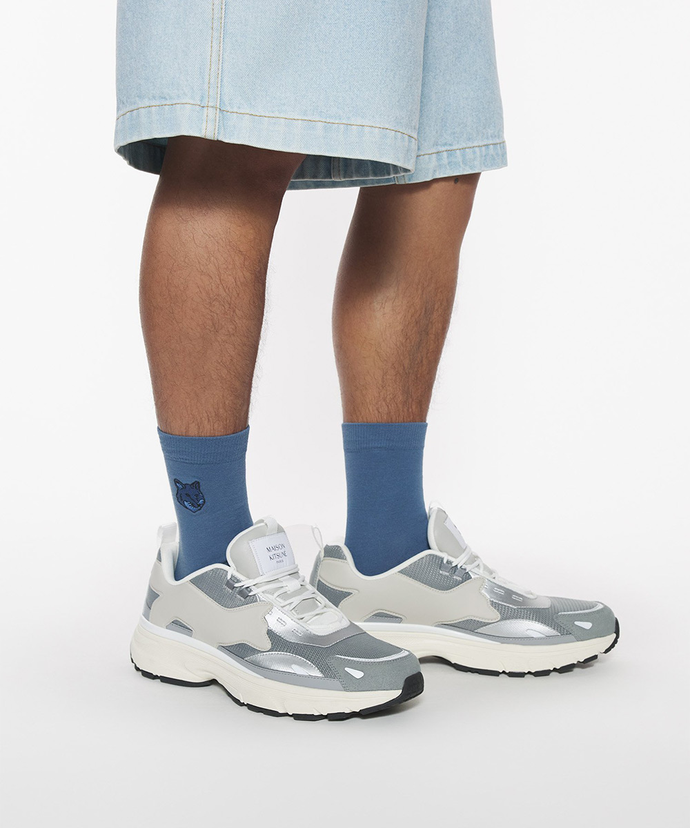 MAISON KITSUNÉ 布列塔尼藍變化狐狸頭LOGO中筒襪/ 36