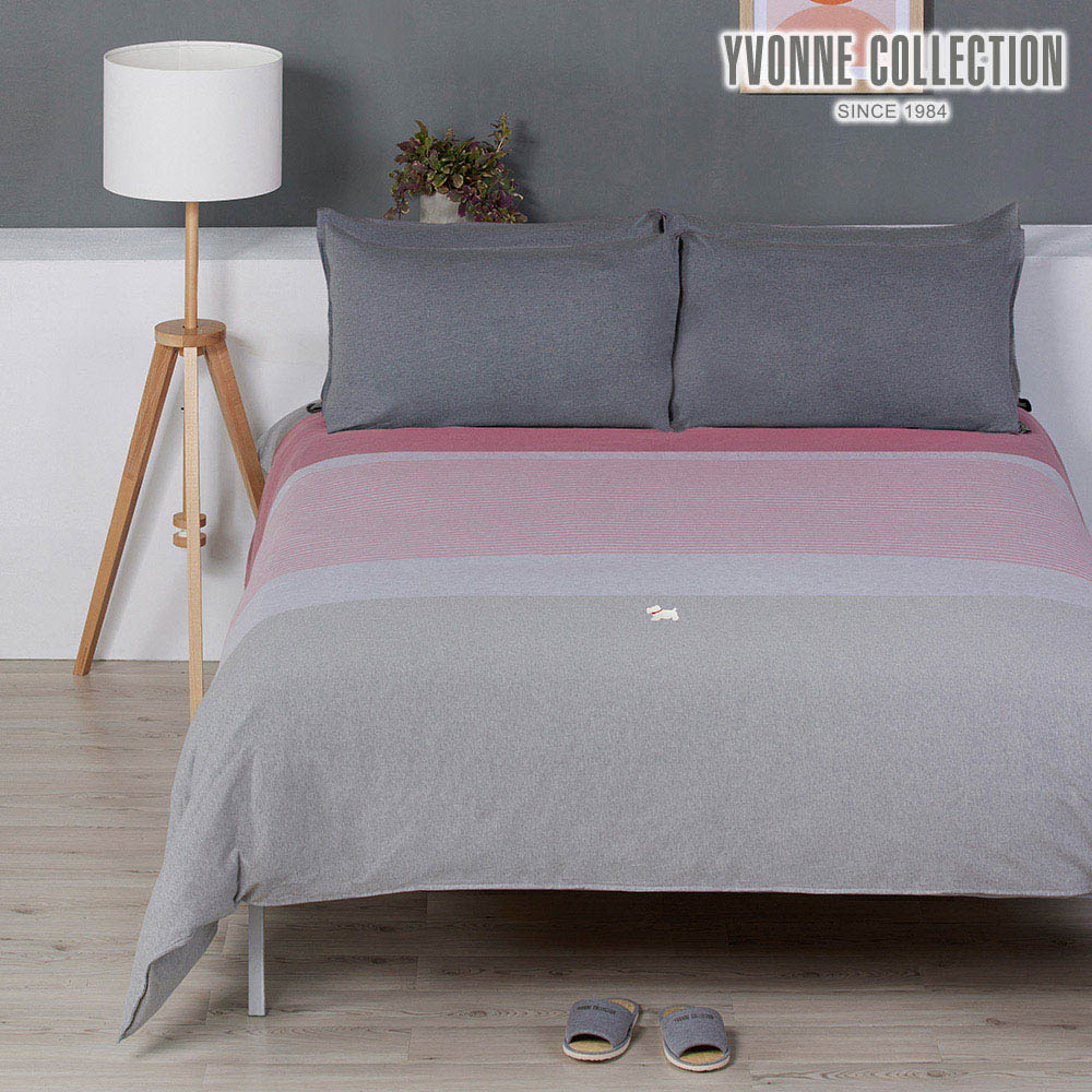 YVONNE COLLECTION狗狗條紋 雙人被套+枕套三件組-活力粉
