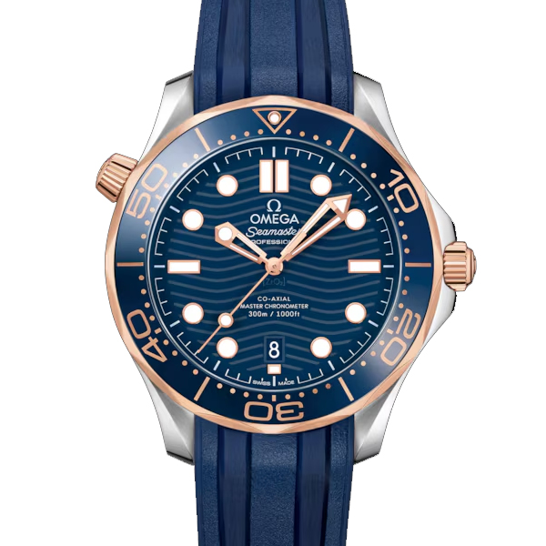 【OMEGA 歐米茄】海馬系列 潛水三百米 玫瑰金藍海馬 膠帶款 42mm
