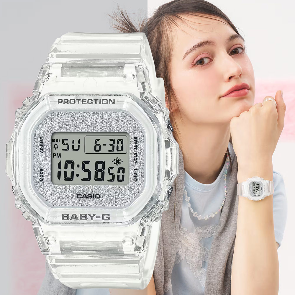 CASIO 卡西歐 BABY-G 閃亮青春方形電子錶-清透白 女錶 手錶 學生錶 BGD-565GC-7