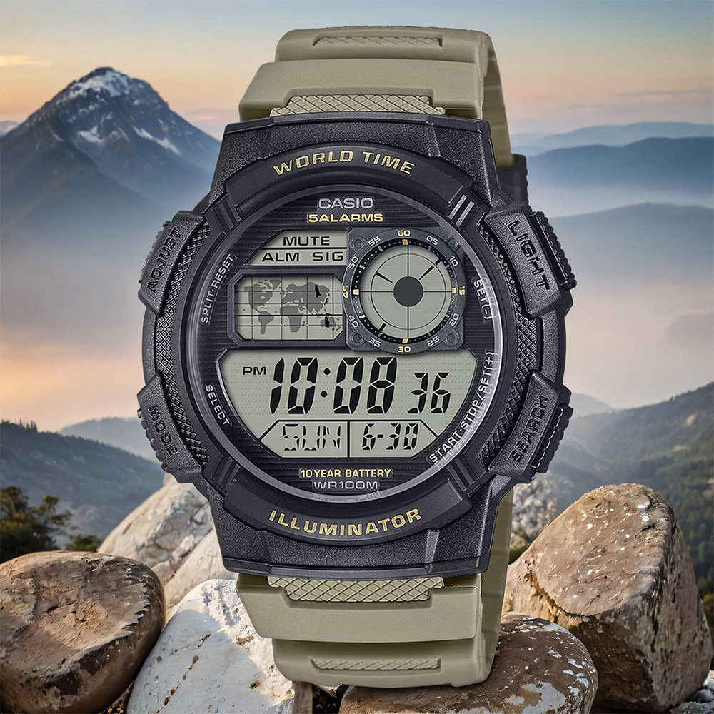 CASIO 卡西歐 學生錶 多功能世界時間電子錶-卡其色 AE-1000W-5AV
