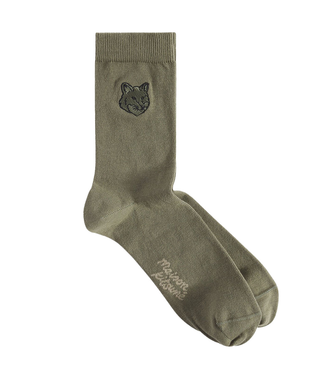 MAISON KITSUNÉ 橄欖綠變化狐狸頭LOGO中筒襪/ 36