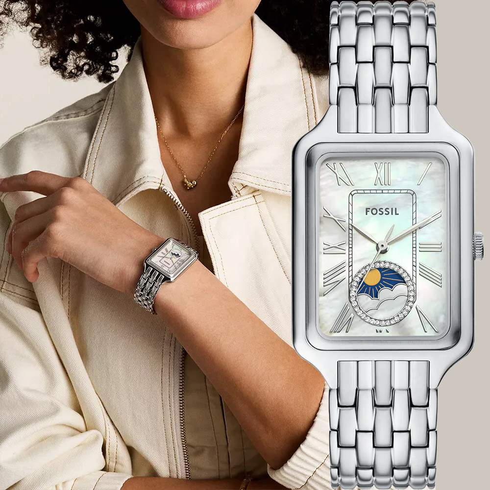 FOSSIL Raquel 日月相珍珠貝方形女錶-29mm/ ES5400