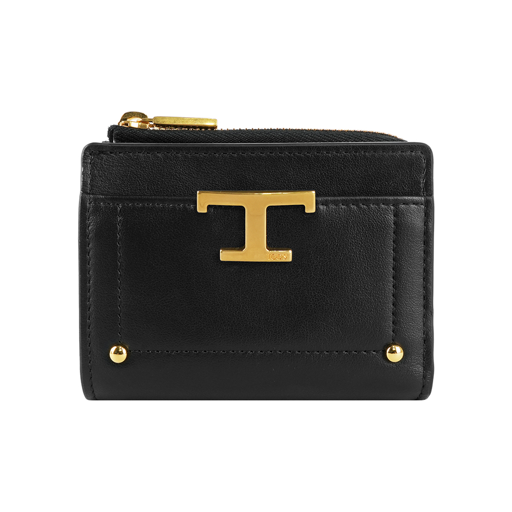 【TOD'S】T Timeless 暗釦二折拉鍊零錢袋短夾(黑色)/ 平行輸入