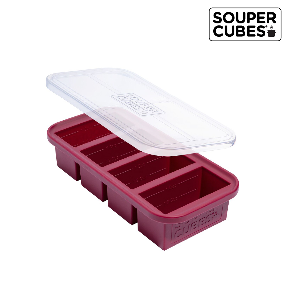 【Souper Cubes】多功能食品級矽膠保鮮盒-酒紅色/ 4格