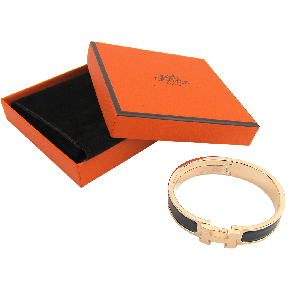 Hermes 愛馬仕 H Clic 琺瑯細版手環(PM/黑金)/平行輸入