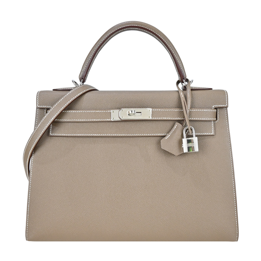 Hermes 愛馬仕 Kelly 32CM A年 EPSOM牛皮手提/肩背凱莉包(18大象灰/銀釦)/平行輸入
