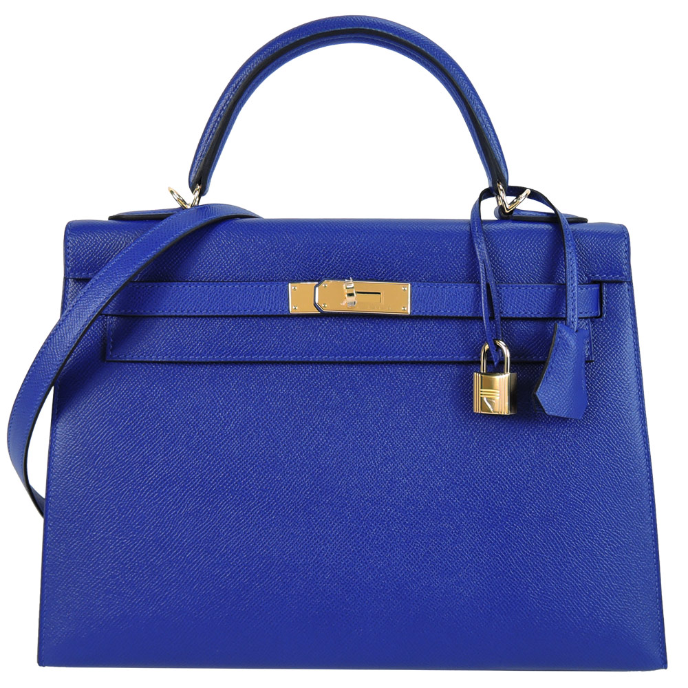 Hermes 愛馬仕 Kelly 32CM 7T Epsom A年 牛皮手提/肩背凱莉包(電子藍/金釦)/平行輸入