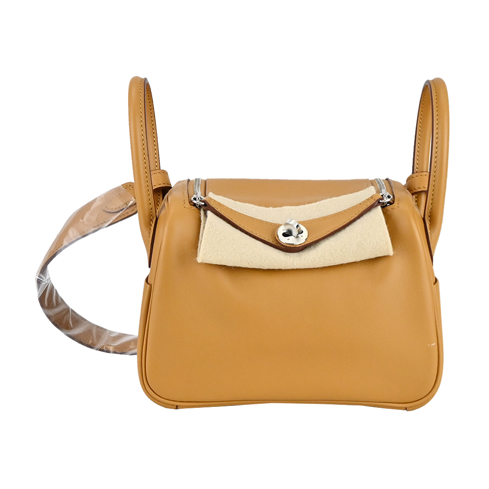 Hermes 愛馬仕 Mini Lindy Swift Z刻 雙色牛皮轉釦手提/肩背兩用包(AH 芝麻色X藍/銀釦)/平行輸入