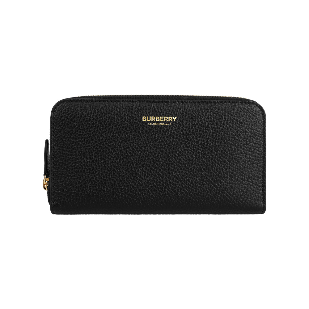 【BURBERRY】金字Logo 燙印粒紋牛皮ㄇ形拉鏈長夾(黑色)/ 平行輸入