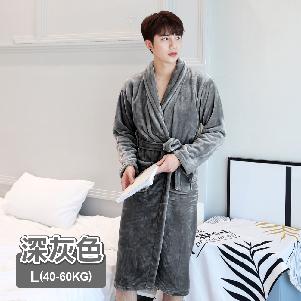 【ONE HOUSE】高質感法蘭絨加長加厚親膚睡袍/ L (40-60KG 男女適用)_深灰
