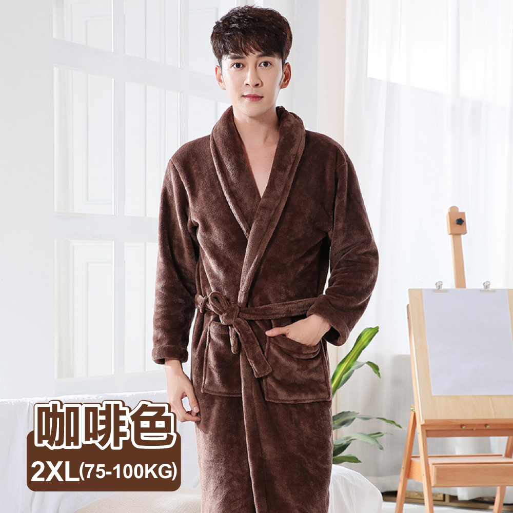 【ONE HOUSE】高質感法蘭絨加長加厚親膚睡袍/ 2XL (75-100KG 男女適用)_咖啡