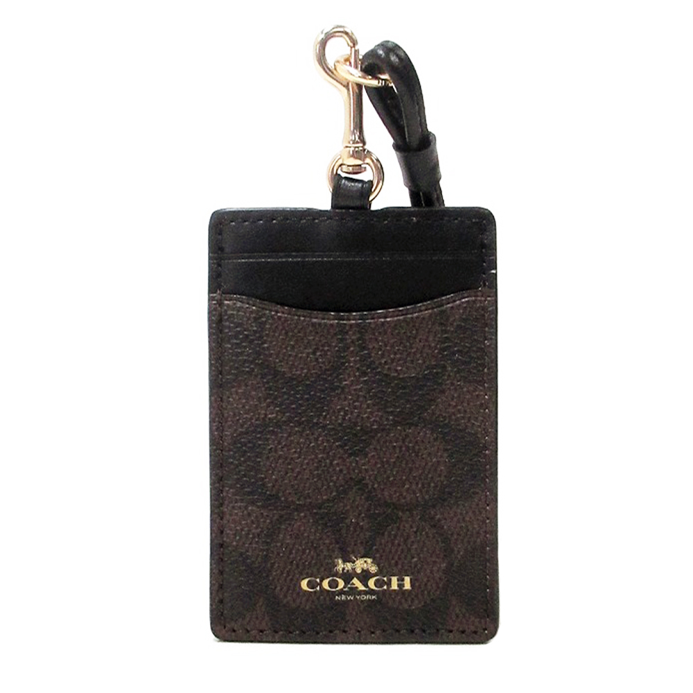 COACH 馬車PVC皮革證件套票卡夾 胡桃色LOGO皮革x黑色  /平行輸入