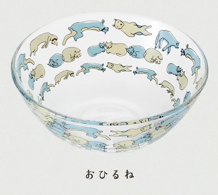 日本 ADERIA 貓貓滿屋玻璃碗/ White+Blue