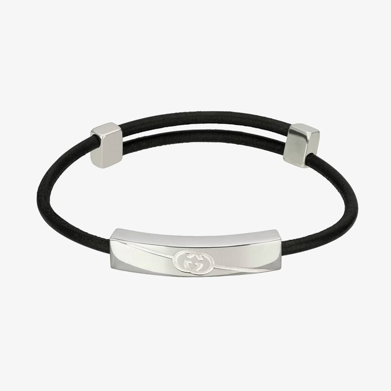 GUCCI ROSSO ANCORA 雕刻飾牌皮革手環 925純銀 飾品 古馳/ 平行輸入