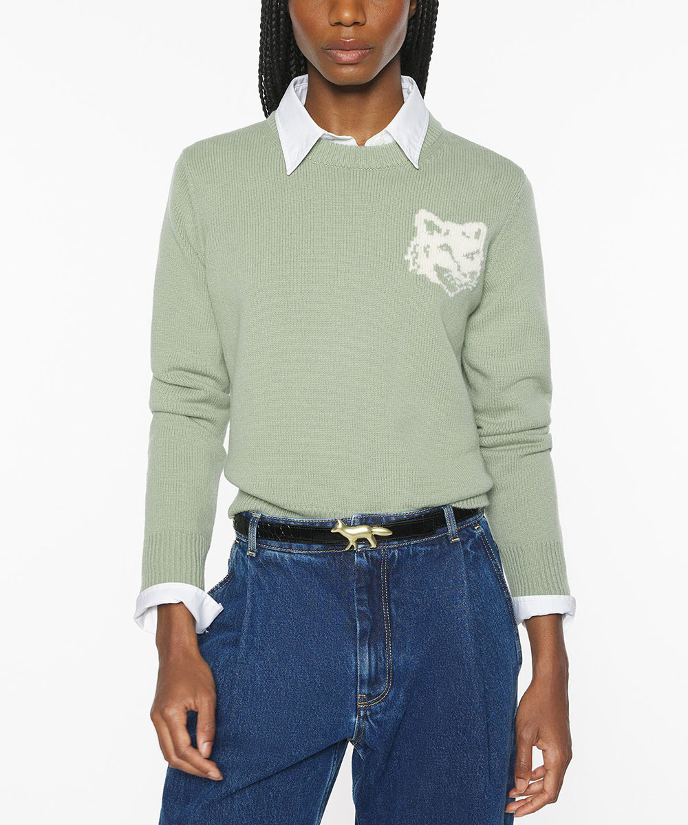 MAISON KITSUNÉ 鼠尾草綠嵌花針織狐狸頭圓領毛衣_女/ S